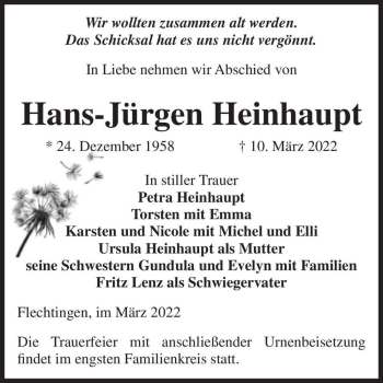 Traueranzeige von Hans-Jürgen Heinhaupt  von Magdeburger Volksstimme