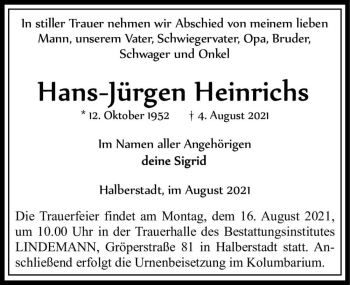 Traueranzeige von Hans-Jürgen Heinrichs  von Magdeburger Volksstimme