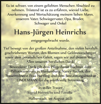 Traueranzeige von Hans-Jürgen Heinrichs  von Magdeburger Volksstimme