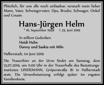 Traueranzeige von Hans-Jürgen Helm  von Magdeburger Volksstimme