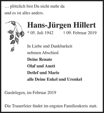 Traueranzeige von Hans-Jürgen Hillert  von Magdeburger Volksstimme