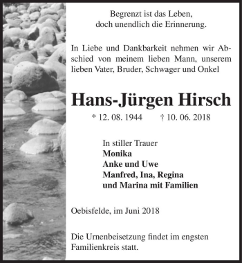 Traueranzeige von Hans-Jürgen Hirsch  von Magdeburger Volksstimme