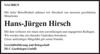 Traueranzeige von Hans-Jürgen Hirsch  von Magdeburger Volksstimme