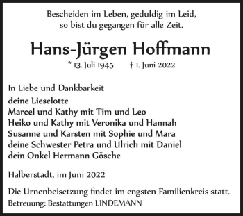 Traueranzeige von Hans-Jürgen Hoffmann  von Magdeburger Volksstimme