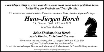 Traueranzeige von Hans-Jürgen Horch  von Magdeburger Volksstimme