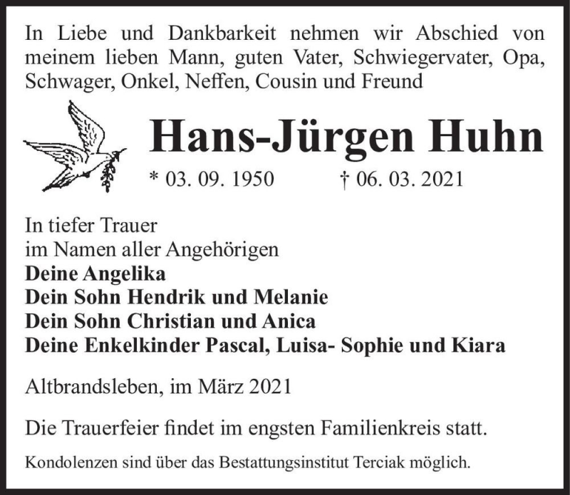  Traueranzeige für Hans-Jürgen Huhn  vom 13.03.2021 aus Magdeburger Volksstimme