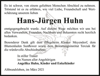 Traueranzeige von Hans-Jürgen Huhn  von Magdeburger Volksstimme
