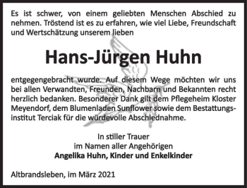 Traueranzeige von Hans-Jürgen Huhn  von Magdeburger Volksstimme