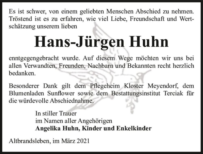  Traueranzeige für Hans-Jürgen Huhn  vom 27.03.2021 aus Magdeburger Volksstimme
