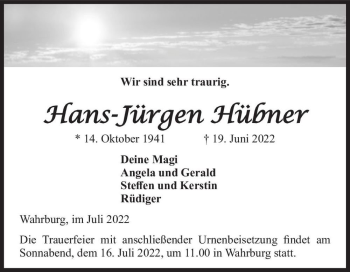 Traueranzeige von Hans-Jürgen Hübner  von Magdeburger Volksstimme