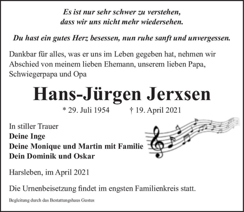  Traueranzeige für Hans-Jürgen Jerxsen  vom 24.04.2021 aus Magdeburger Volksstimme