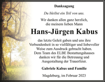 Traueranzeige von Hans-Jürgen Kabus  von Magdeburger Volksstimme