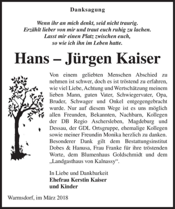 Traueranzeige von Hans-Jürgen Kaiser  von Magdeburger Volksstimme