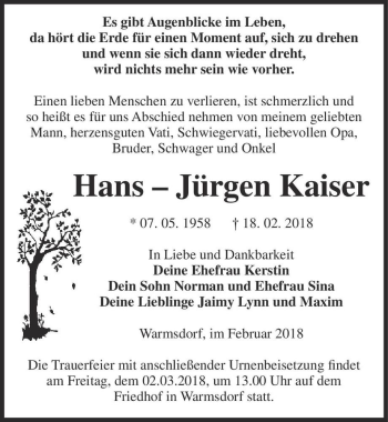 Traueranzeige von Hans-Jürgen Kaiser  von Magdeburger Volksstimme
