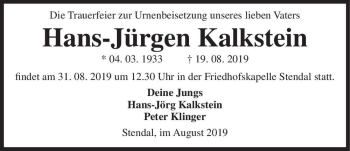 Traueranzeige von Hans-Jürgen Kalkstein  von Magdeburger Volksstimme