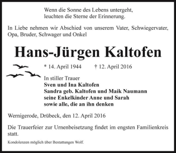 Traueranzeige von Hans-Jürgen Kaltofen  von Magdeburger Volksstimme
