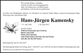 Traueranzeige von Hans-Jürgen Kamensky  von Magdeburger Volksstimme