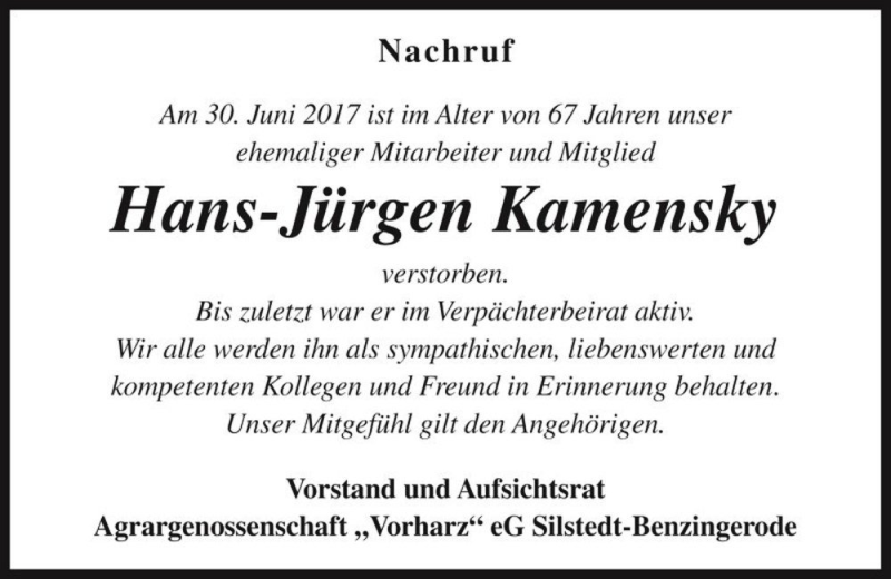  Traueranzeige für Hans-Jürgen Kamensky  vom 07.07.2017 aus Magdeburger Volksstimme