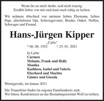 Traueranzeige von Hans-Jürgen Kipper 