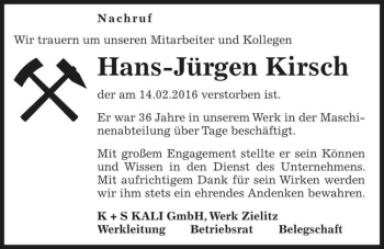 Traueranzeige von Hans-Jürgen Kirsch  von Magdeburger Volksstimme