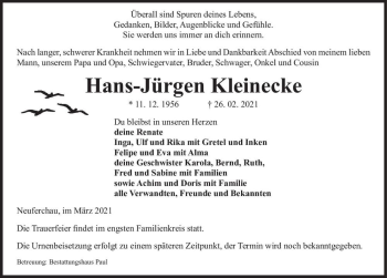 Traueranzeige von Hans-Jürgen Kleinecke  von Magdeburger Volksstimme
