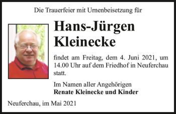 Traueranzeige von Hans-Jürgen Kleinecke  von Magdeburger Volksstimme