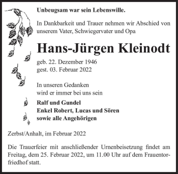 Traueranzeige von Hans-Jürgen Kleinodt  von Magdeburger Volksstimme