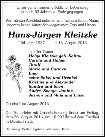 Traueranzeige von Hans-Jürgen Kleitzke  von Magdeburger Volksstimme