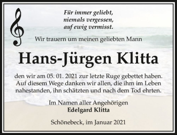 Traueranzeige von Hans-Jürgen Klitta  von Magdeburger Volksstimme