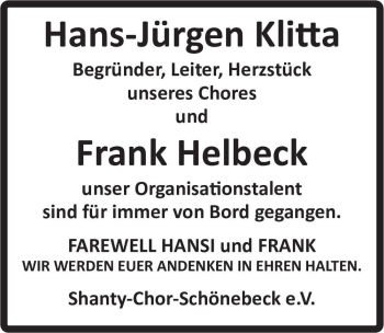 Traueranzeige von Hans-Jürgen Klitta und Frank Helbeck  von Magdeburger Volksstimme