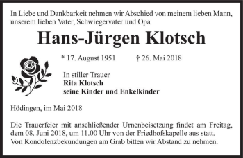Traueranzeige von Hans-Jürgen Klotsch  von Magdeburger Volksstimme