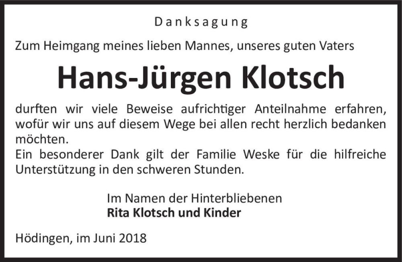  Traueranzeige für Hans-Jürgen Klotsch  vom 23.06.2018 aus Magdeburger Volksstimme