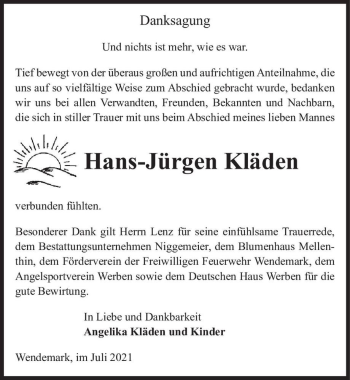 Traueranzeige von Hans-Jürgen Kläden  von Magdeburger Volksstimme