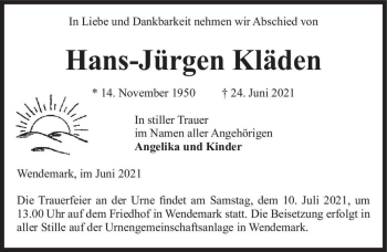 Traueranzeige von Hans-Jürgen Kläden  von Magdeburger Volksstimme