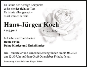 Traueranzeige von Hans-Jürgen Koch  von Magdeburger Volksstimme