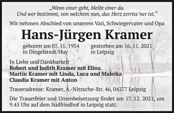 Traueranzeige von Hans-Jürgen Kramer  von Magdeburger Volksstimme