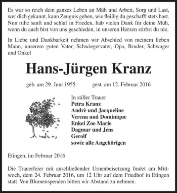 Traueranzeige von Hans-Jürgen Kranz  von Magdeburger Volksstimme