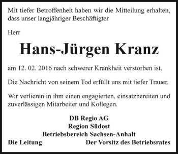Traueranzeige von Hans-Jürgen Kranz  von Magdeburger Volksstimme