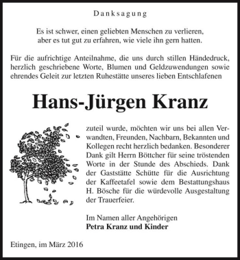 Traueranzeige von Hans-Jürgen Kranz  von Magdeburger Volksstimme