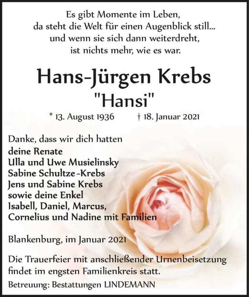  Traueranzeige für Hans-Jürgen Krebs 