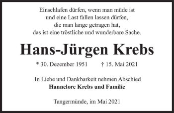 Traueranzeige von Hans-Jürgen Krebs  von Magdeburger Volksstimme