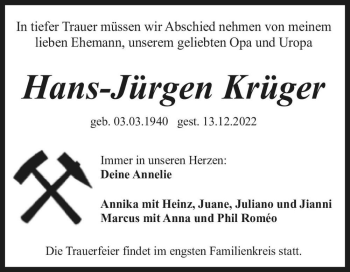 Traueranzeige von Hans-Jürgen Krüger  von Magdeburger Volksstimme