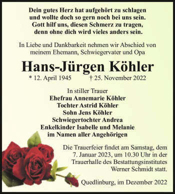 Traueranzeige von Hans-Jürgen Köhler  von Magdeburger Volksstimme