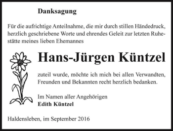 Traueranzeige von Hans-Jürgen Küntzel  von Magdeburger Volksstimme