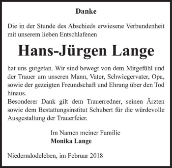 Traueranzeige von Hans-Jürgen Lange  von Magdeburger Volksstimme