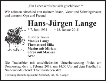 Traueranzeige von Hans-Jürgen Lange  von Magdeburger Volksstimme