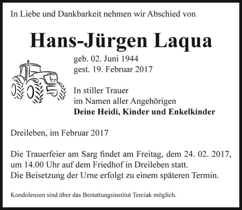  Traueranzeige für Hans-Jürgen Laqua  vom 22.02.2017 aus Magdeburger Volksstimme