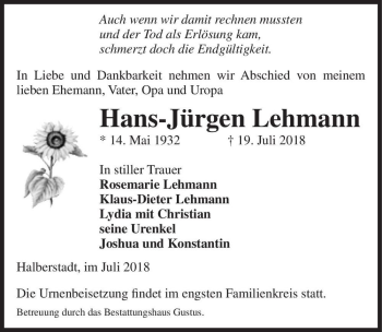 Traueranzeige von Hans-Jürgen Lehmann  von Magdeburger Volksstimme
