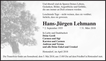 Traueranzeige von Hans-Jürgen Lehmann  von Magdeburger Volksstimme