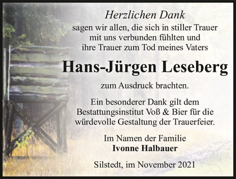  Traueranzeige für Hans-Jürgen Leseberg  vom 27.11.2021 aus Magdeburger Volksstimme